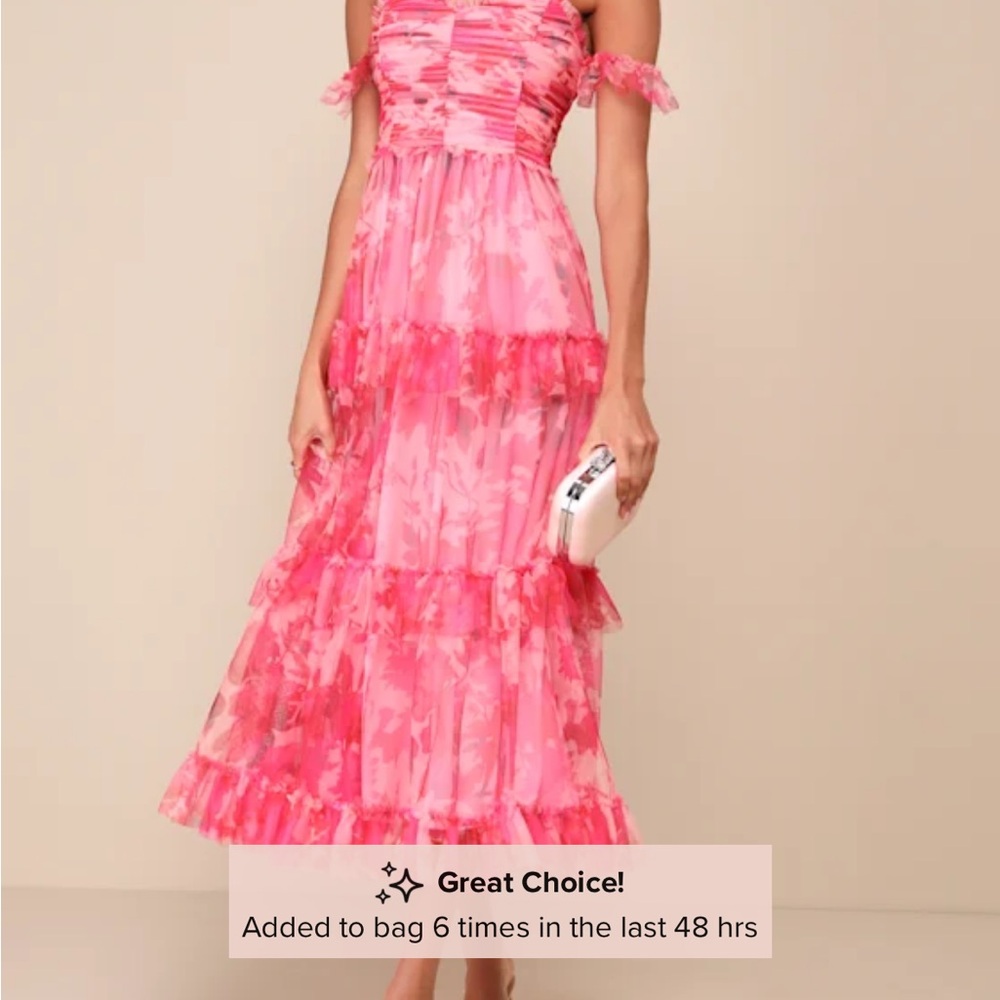 Lulu's Pink Ruffled Tiered Midi Dress for Wedding Guest